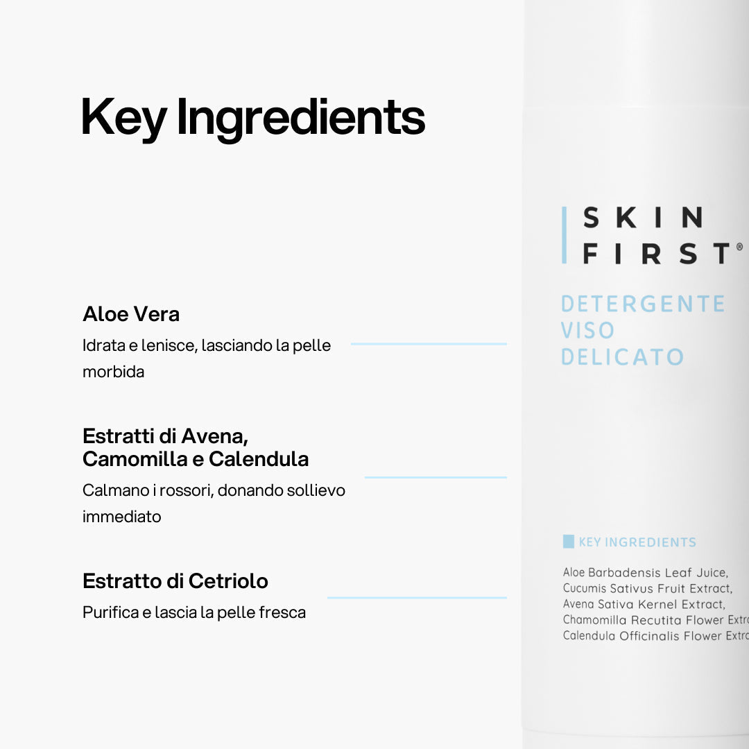 Infografica Spiegazione Sostanze Funzionali e Benefici Prodotto : Detergente Viso Delicato_carousel_pdp