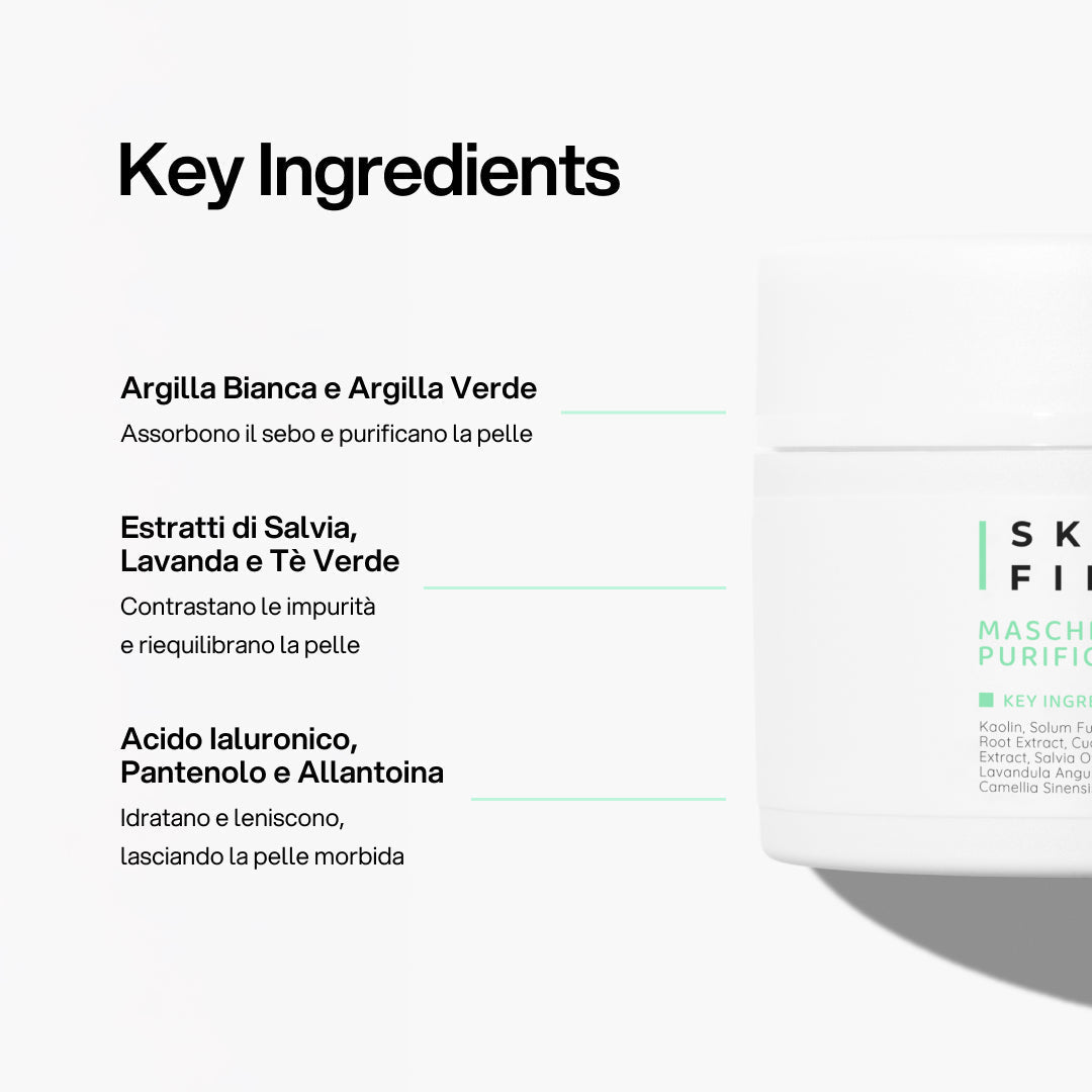 Infografica Spiegazione Sostanze Funzionali e Benefici Prodotto : Maschera Viso Purificante_carousel_pdp